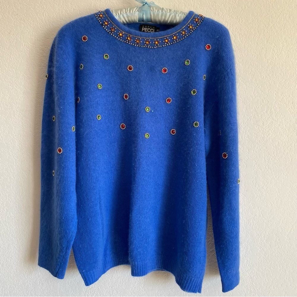 Marco Pecci Sweater Vtg 1980s Blue Angora & Wool Jeweled Beaded Pullover Sz 40